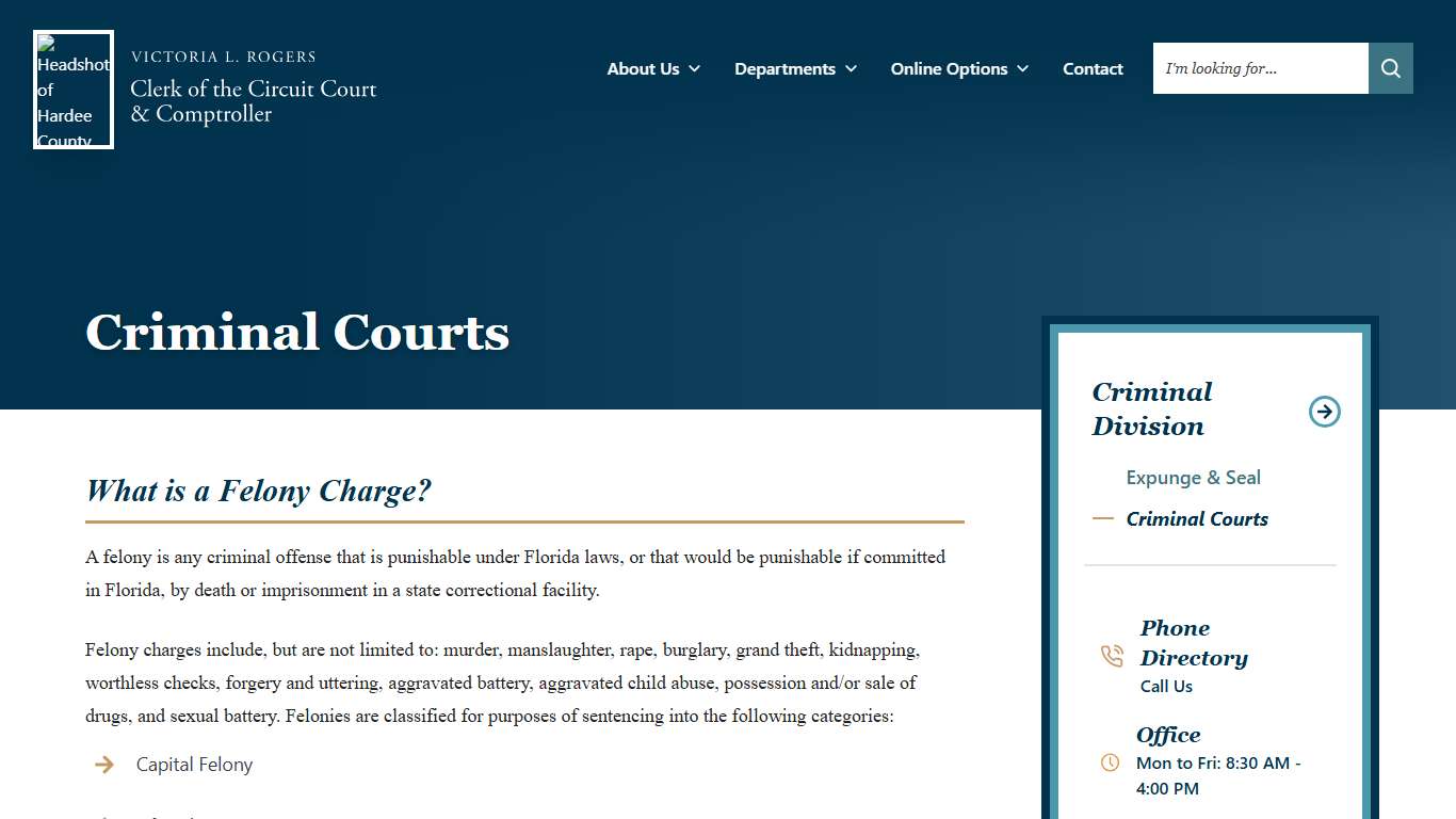 Criminal Courts Hardee County, Clerk of the Circuit Court and Comptroller